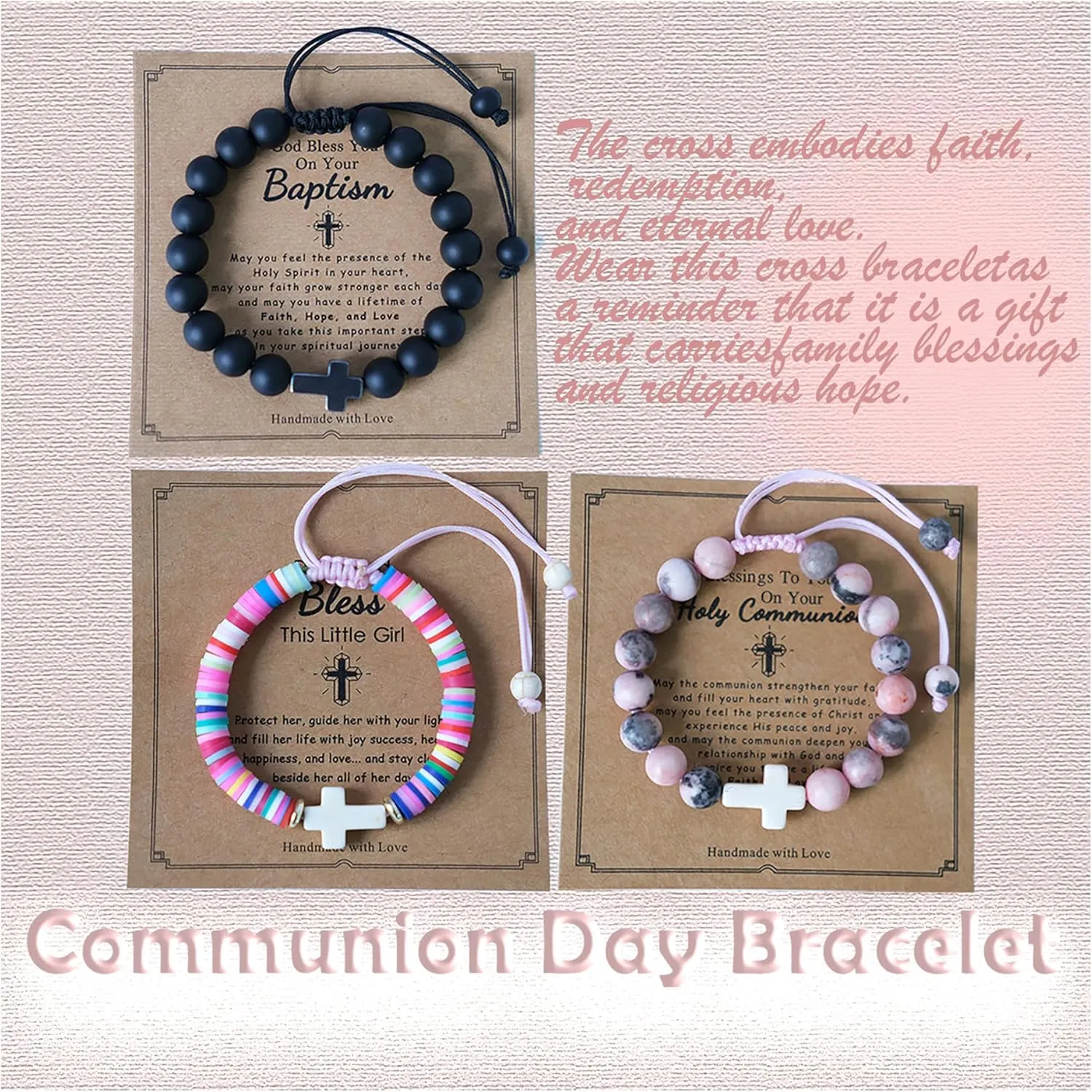 3PCS Communion Bracelets for Girls Boy Fashion Natural Stone Clay Cross Bracelet First Communion Baptism Bless Jewelry Gifts, Adjustable
