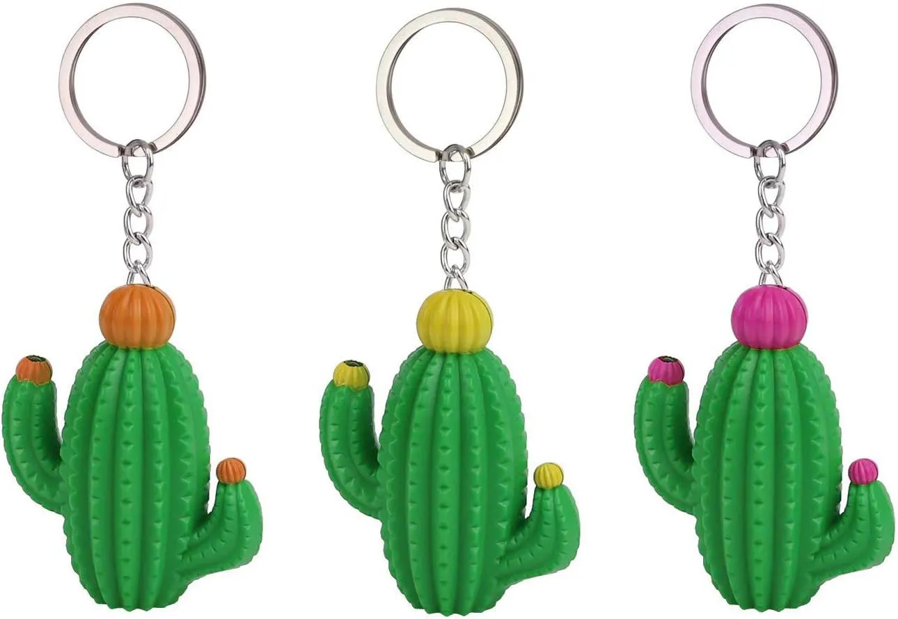 3pcs Cute Cactus Keychain Novelty Ring Child Kids Mini Lovely Gift Light & Sound includes pink, brown and yellow