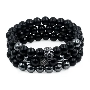 3PCS Handmade Obsidian Skull Bracelet 8mm Black Tourmaline Beaded Bracelet Black Onyx Lava BeadsTriple Protection Bracelet Jewelry Gift for Men