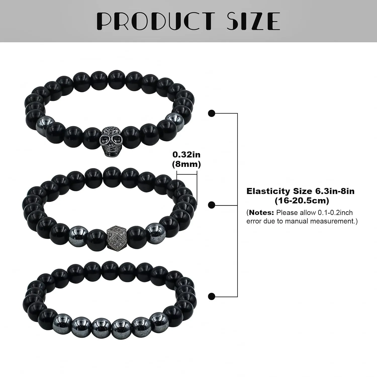 3PCS Handmade Obsidian Skull Bracelet 8mm Black Tourmaline Beaded Bracelet Black Onyx Lava BeadsTriple Protection Bracelet Jewelry Gift for Men