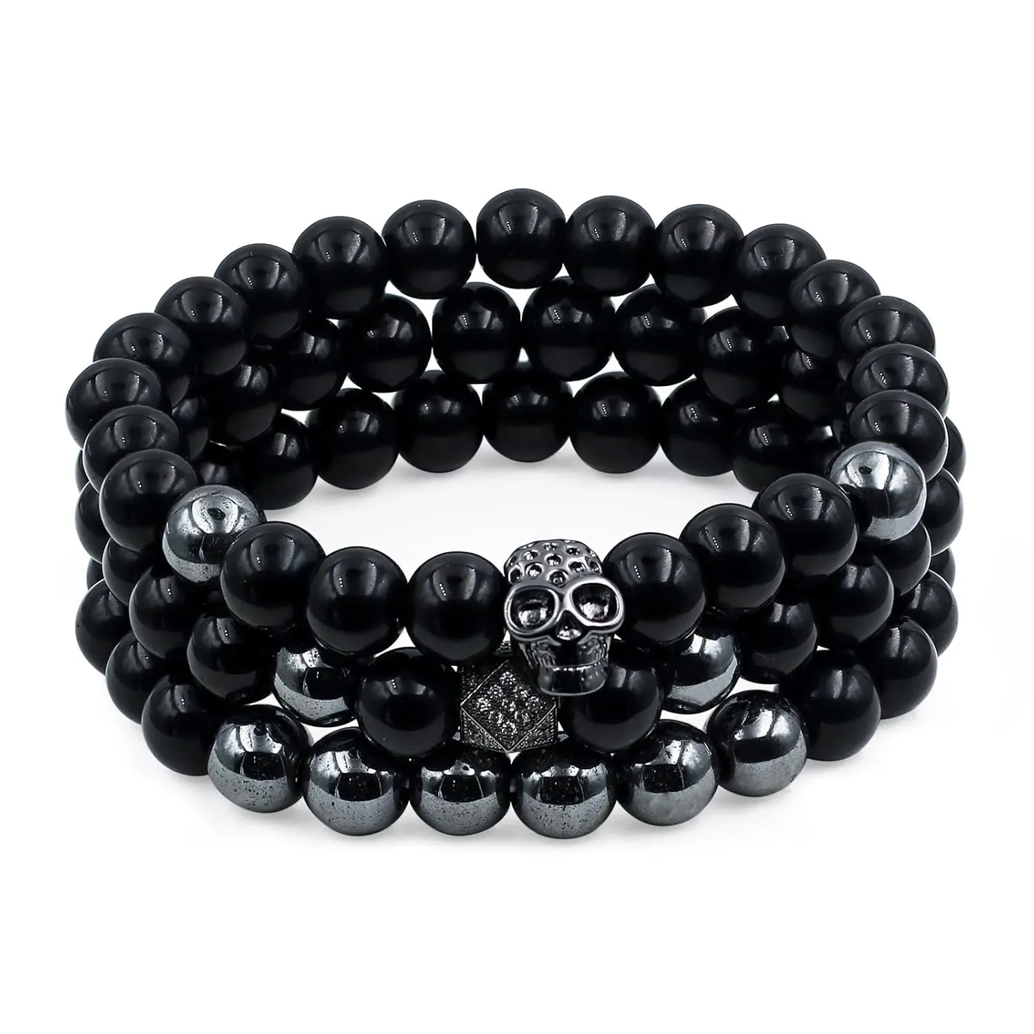 3PCS Handmade Obsidian Skull Bracelet 8mm Black Tourmaline Beaded Bracelet Black Onyx Lava BeadsTriple Protection Bracelet Jewelry Gift for Men