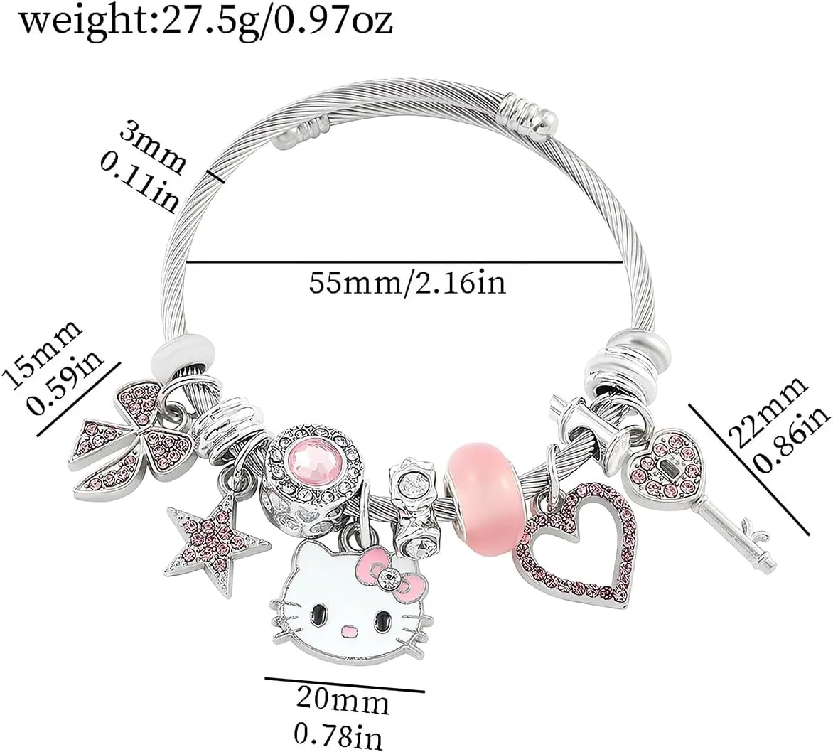 3pcs kitty Bracelet Set, Necklace Rings Adjustable Stainless Steel Sleeves Bangle, Pink Cute Jewelry Daughter Gifts