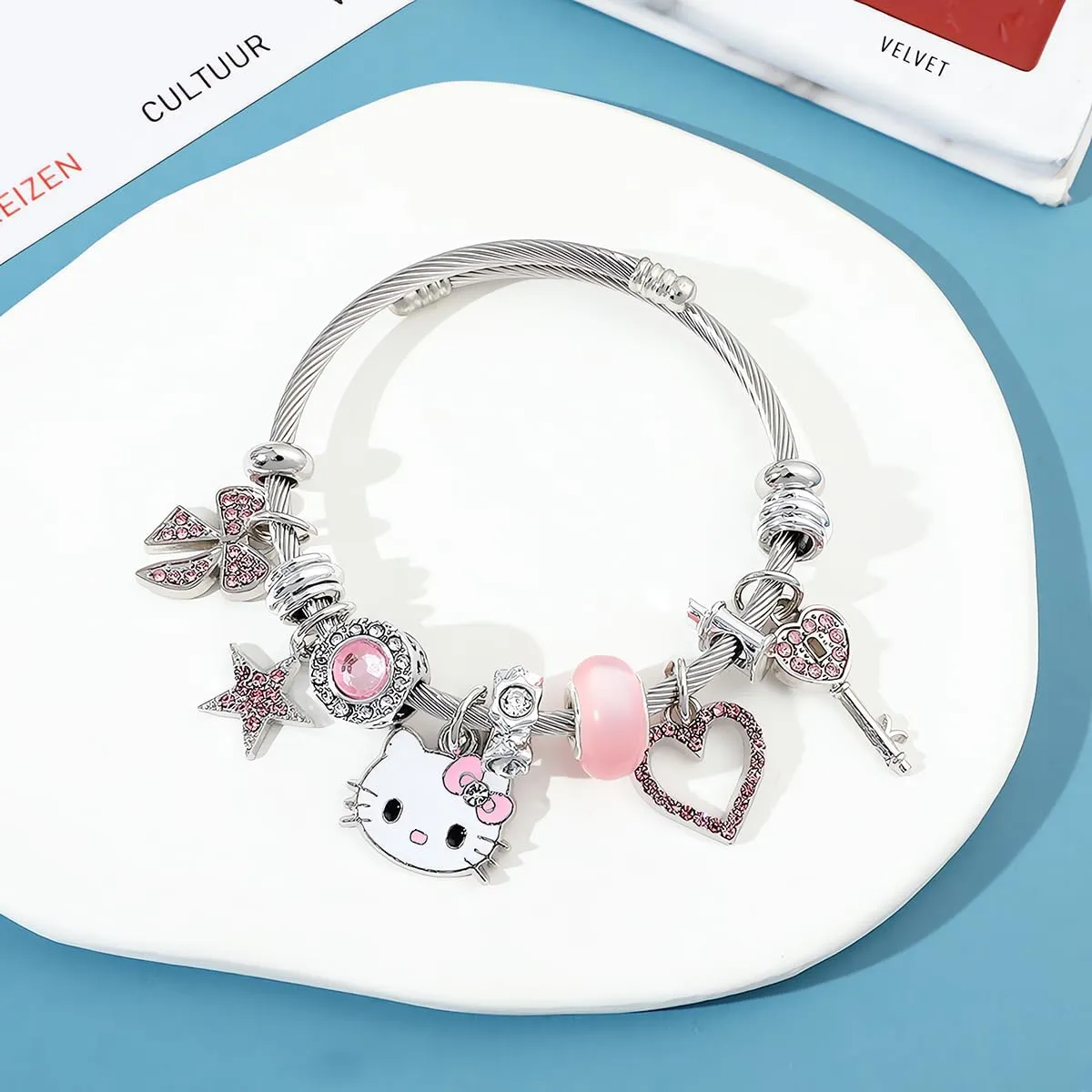 3pcs kitty Bracelet Set, Necklace Rings Adjustable Stainless Steel Sleeves Bangle, Pink Cute Jewelry Daughter Gifts