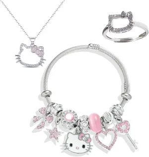 3pcs kitty Bracelet Set, Necklace Rings Adjustable Stainless Steel Sleeves Bangle, Pink Cute Jewelry Daughter Gifts