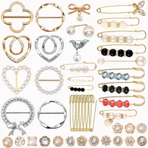 45PCS Scarf Ring Clip Pearl Brooch Pins - T-shirt Sweater Shawl Ties Clips Clothes Corner Knotted Button Fashion Metal Round Circle Shirt Clip Buckle Brooches for Women Gift (Type H 45PCS NEW)