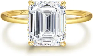 4ct Emerald Cut Cubic Zirconia Engagement Rings For Women Sterling Silver Wedding Ring Promise Ring 14K Gold Plated Sterling Silver Wedding Band Size 5-10