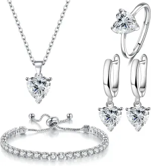 4pcs Set Zirconia Pendant heart Necklace Earrings Ring Tennis Bracelet Set Silver Crystal Fashion Adjustable Jewelry for Women Wife Party Prom Engagement Wedding Gifts