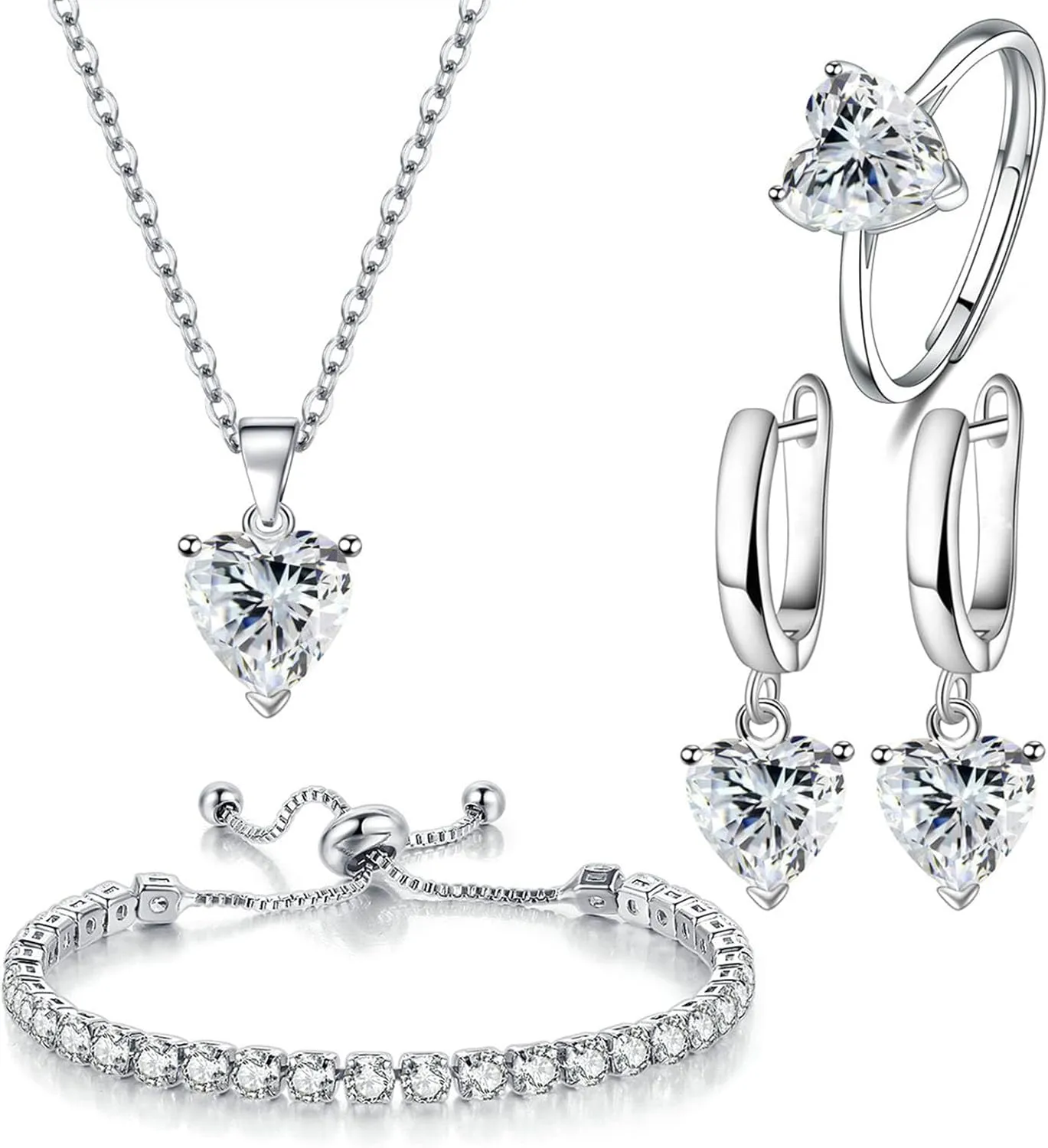 4pcs Set Zirconia Pendant heart Necklace Earrings Ring Tennis Bracelet Set Silver Crystal Fashion Adjustable Jewelry for Women Wife Party Prom Engagement Wedding Gifts