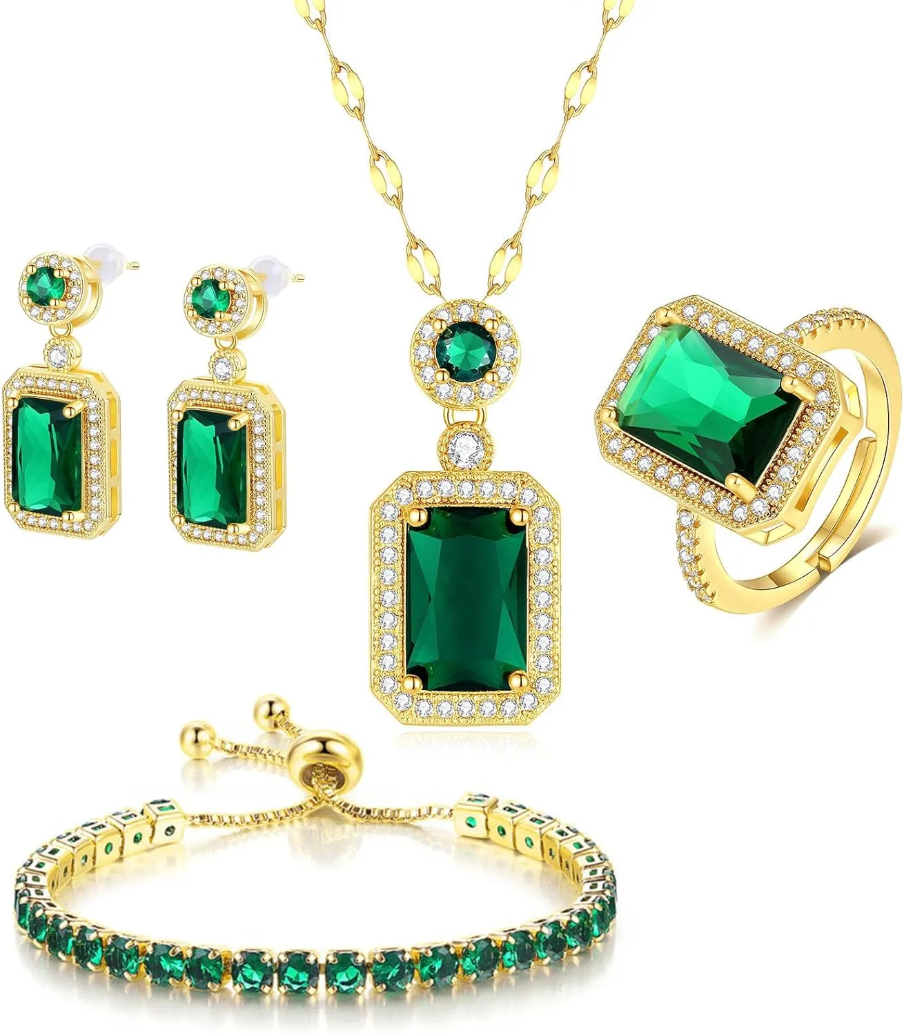 4pcs Set Zirconia Pendant Necklace Earrings Ring Bangle Set Silver Crystal Fashion Adjustable Jewelry for Women Wife Party Prom Engagement Wedding Gifts
