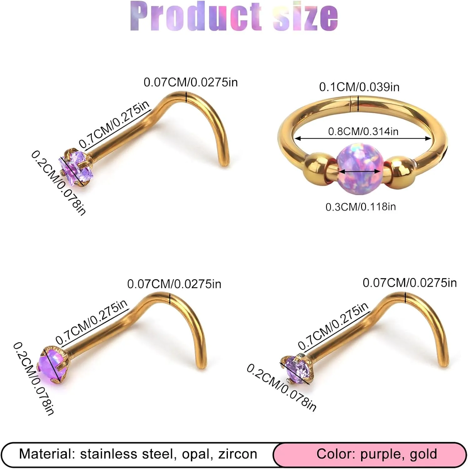 4pcs Stainless Steel Nose Rings, L Shaped Nose Studs Steel Hinged Clicker Segment Jewelry Rings Hoop for Nostril Septum Cartilage Helix Rook Earlobe Lip Piercings