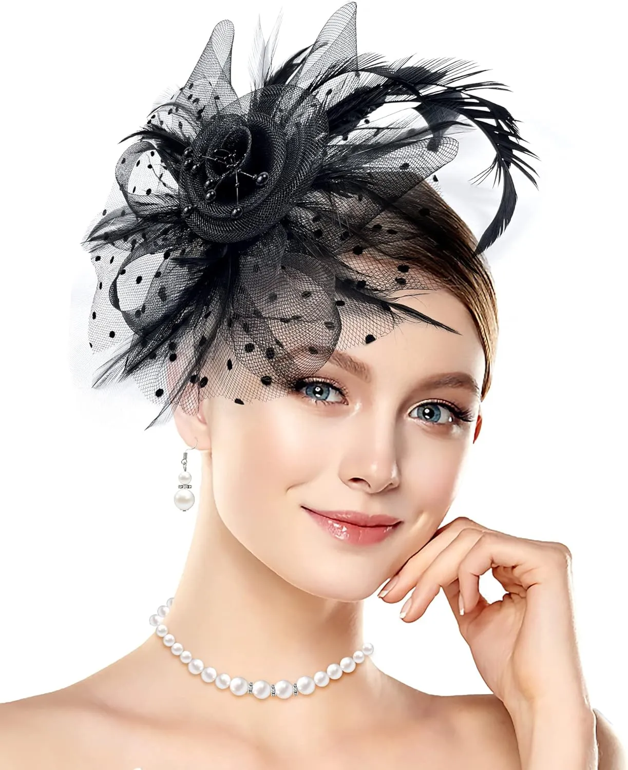 5 Pack Fascinators Hat for Women Tea Party Veil Mesh Headband Feather Hat Lace Gloves Pearl Jewelry Set for 1920s Party