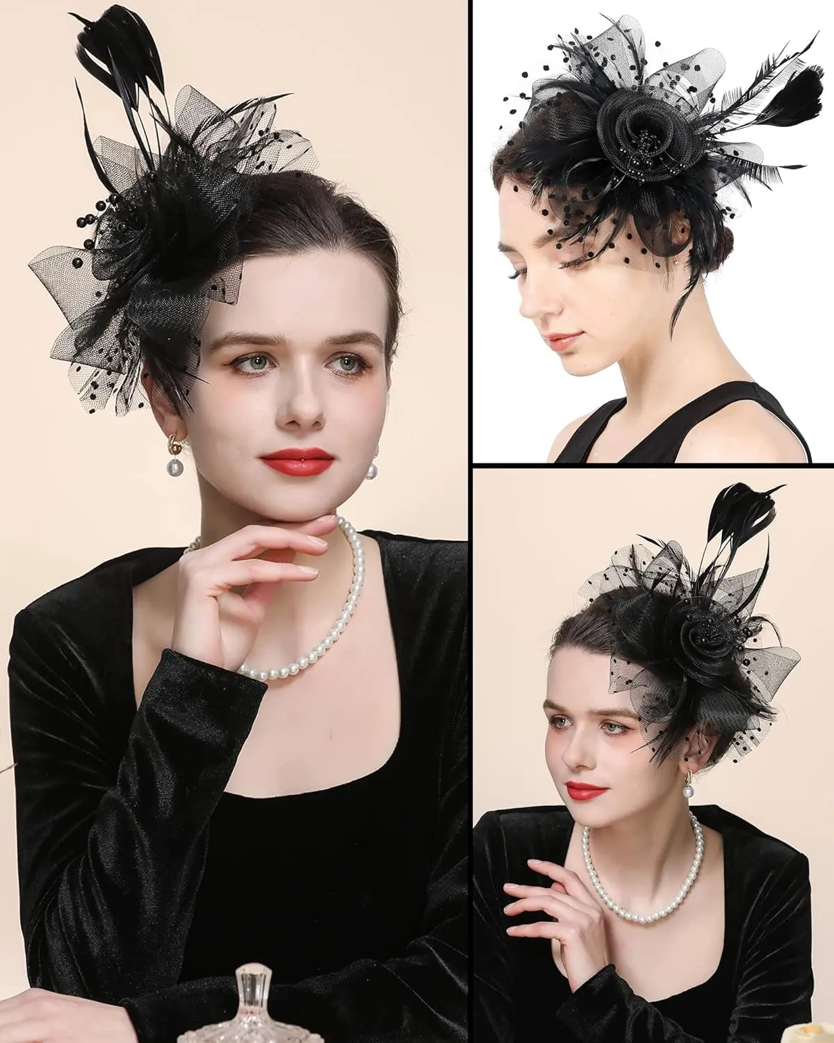 5 Pack Fascinators Hat for Women Tea Party Veil Mesh Headband Feather Hat Lace Gloves Pearl Jewelry Set for 1920s Party