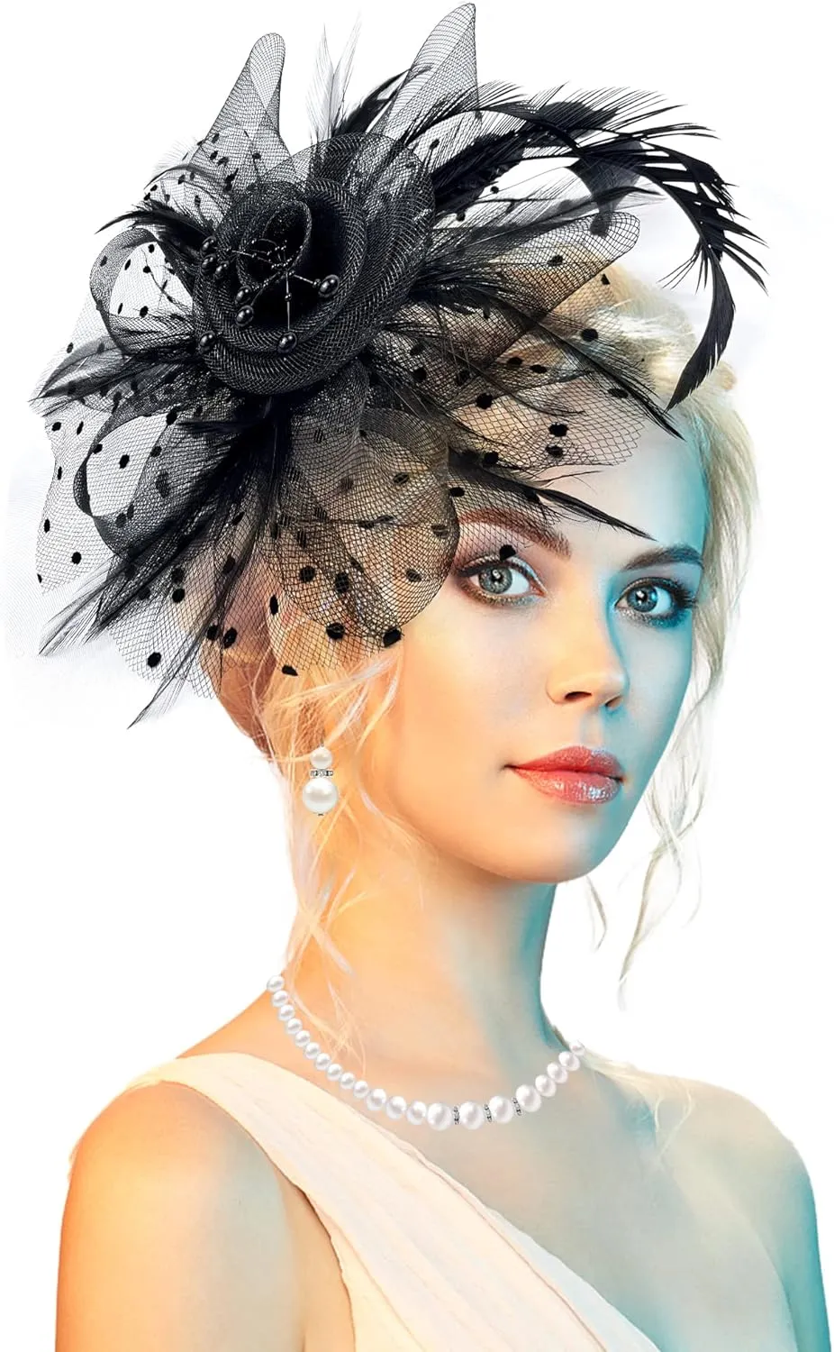 5 Pack Fascinators Hat for Women Tea Party Veil Mesh Headband Feather Hat Lace Gloves Pearl Jewelry Set for 1920s Party