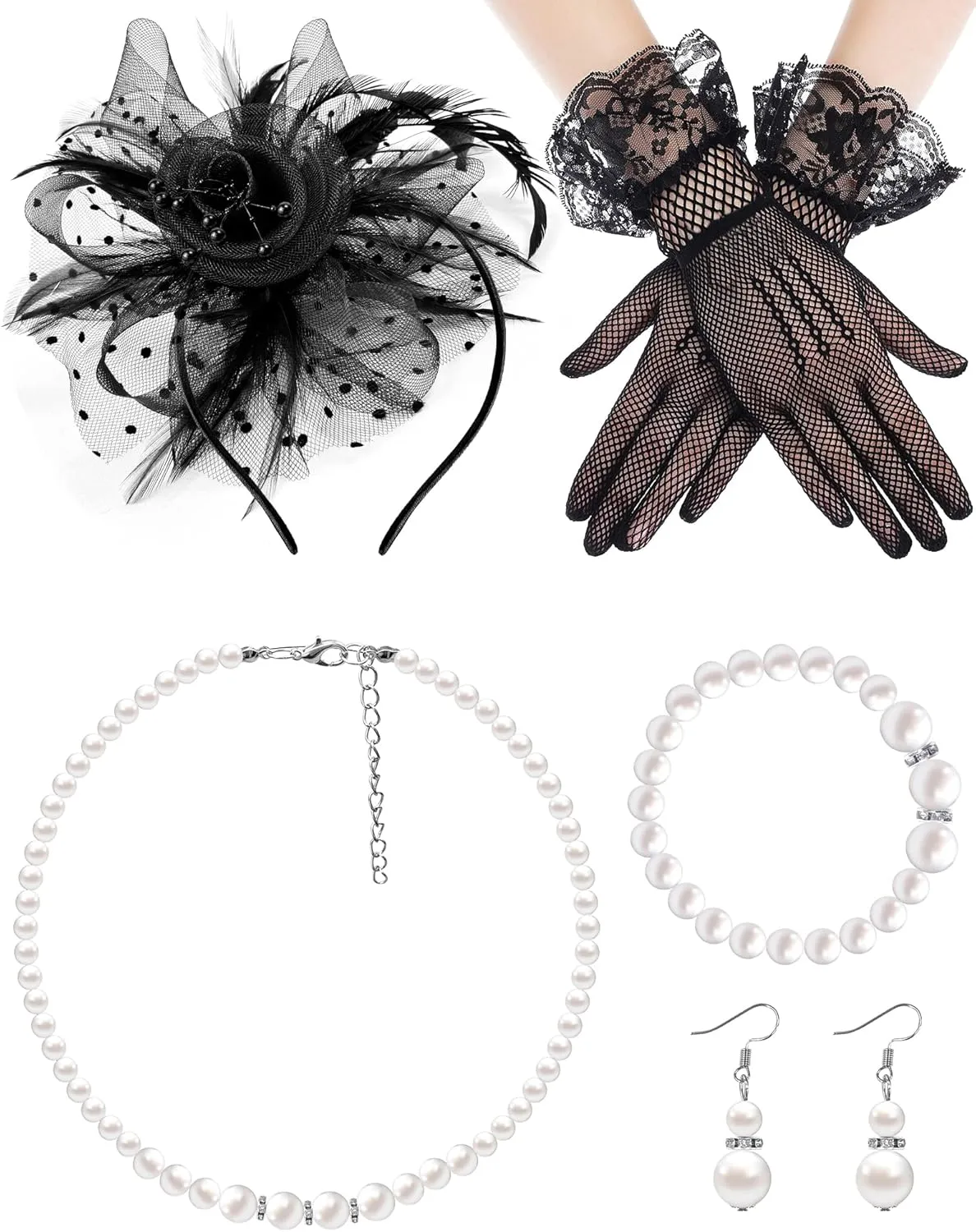 5 Pack Fascinators Hat for Women Tea Party Veil Mesh Headband Feather Hat Lace Gloves Pearl Jewelry Set for 1920s Party