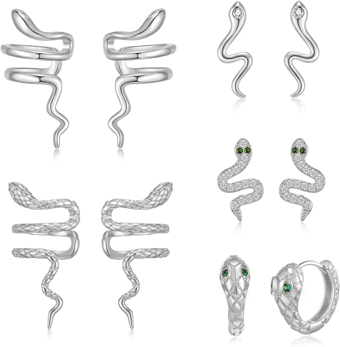 5 Pairs 14K Gold Plated Snake Earrings for Women Men Cool Punk Various-Style Non Piercing Snake Ear Cuffs Huggie Hoops Small Studs Earrings Set Dainty Silver Goth Earrings Fun Statement Jewelry