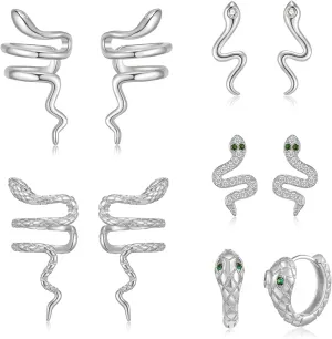 5 Pairs 14K Gold Plated Snake Earrings for Women Men Cool Punk Various-Style Non Piercing Snake Ear Cuffs Huggie Hoops Small Studs Earrings Set Dainty Silver Goth Earrings Fun Statement Jewelry