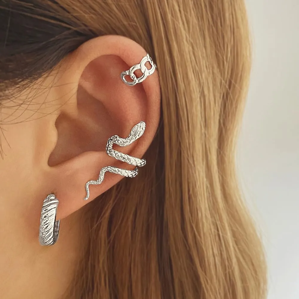 5 Pairs 14K Gold Plated Snake Earrings for Women Men Cool Punk Various-Style Non Piercing Snake Ear Cuffs Huggie Hoops Small Studs Earrings Set Dainty Silver Goth Earrings Fun Statement Jewelry