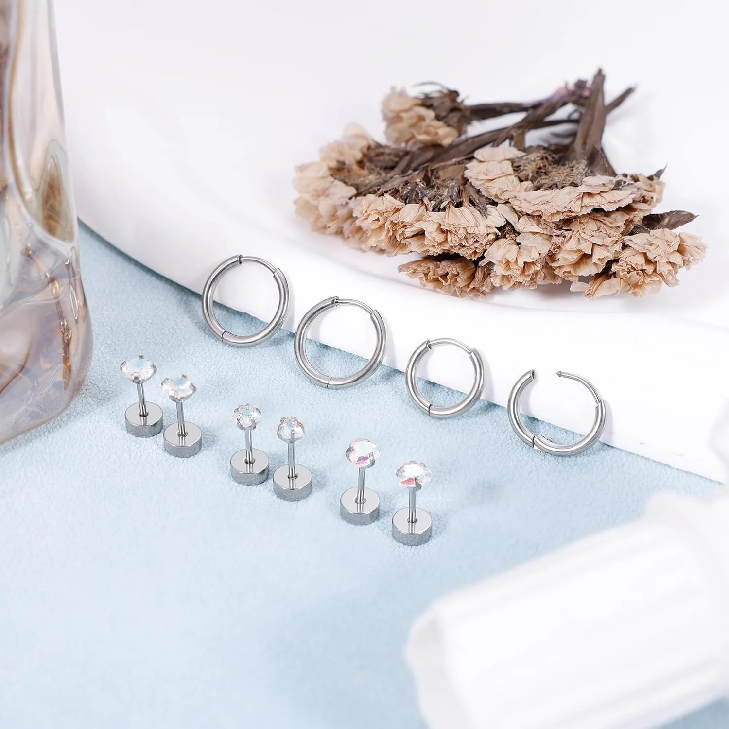 5Pairs 20G G23 Pure Titanium Earrings for Women Men Titanium Studs and Hoop Earrings CZ Flat Back Stud Earrings for Sensitive Ears Hypoallergenic Cartilage Helix Earrings