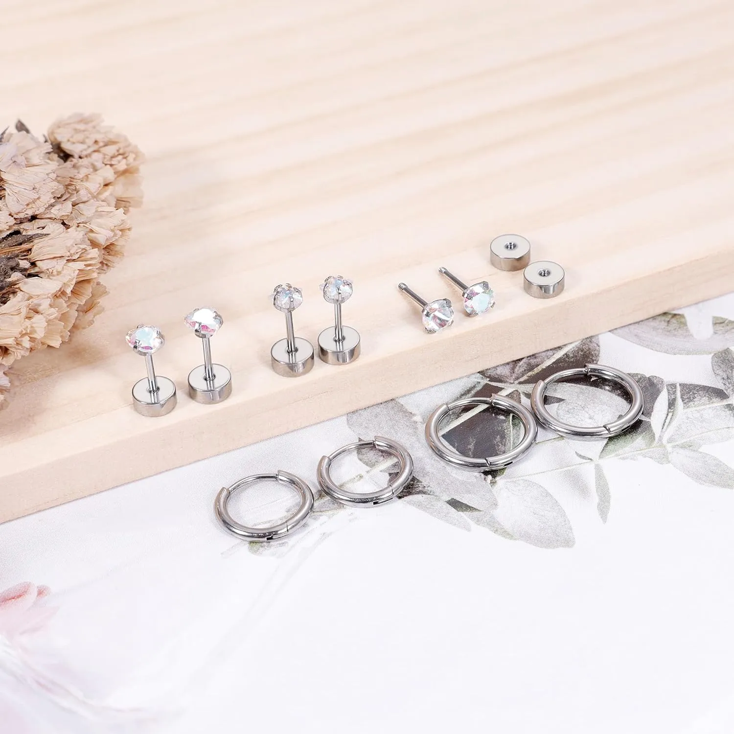 5Pairs 20G G23 Pure Titanium Earrings for Women Men Titanium Studs and Hoop Earrings CZ Flat Back Stud Earrings for Sensitive Ears Hypoallergenic Cartilage Helix Earrings