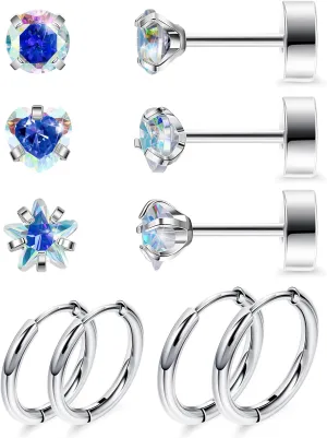 5Pairs 20G G23 Pure Titanium Earrings for Women Men Titanium Studs and Hoop Earrings CZ Flat Back Stud Earrings for Sensitive Ears Hypoallergenic Cartilage Helix Earrings