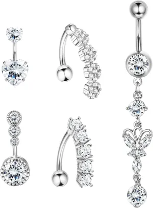 5Pcs 14G Belly Button Rings for Women Stainless Steel Reverse Dangle Belly Rings Sparkly CZ Navel Belly Piercing Jewelry
