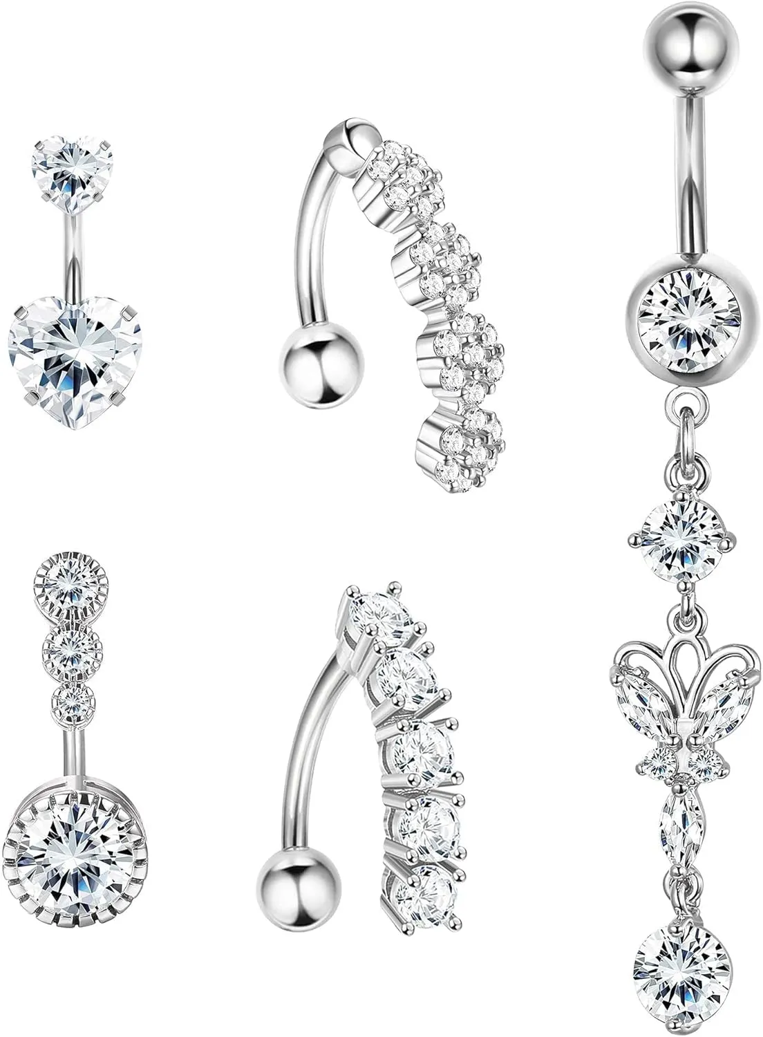 5Pcs 14G Belly Button Rings for Women Stainless Steel Reverse Dangle Belly Rings Sparkly CZ Navel Belly Piercing Jewelry