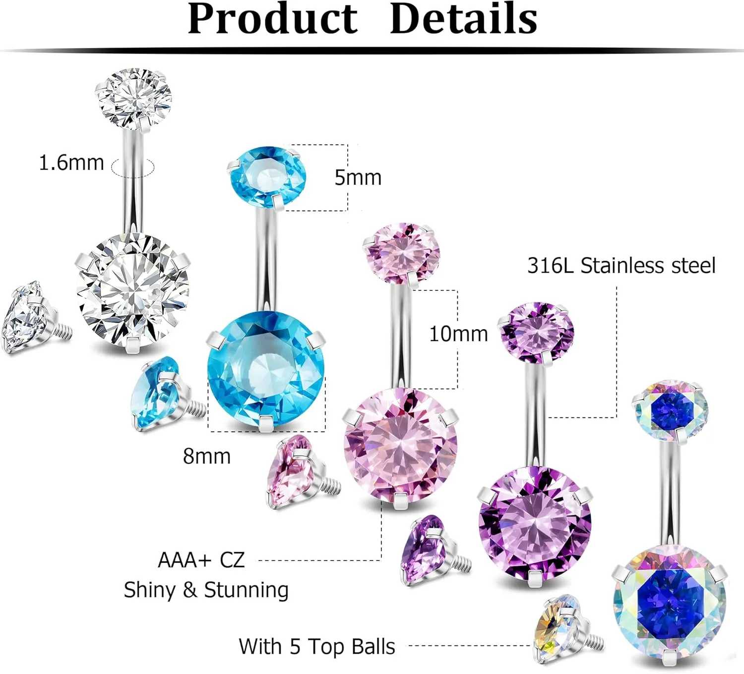 5Pcs 14G Surgical Steel Belly Button Ring for Women Belly Ring CZ Navel Rings for Women Barbells Body Piercing Jewelry with Tops Balls