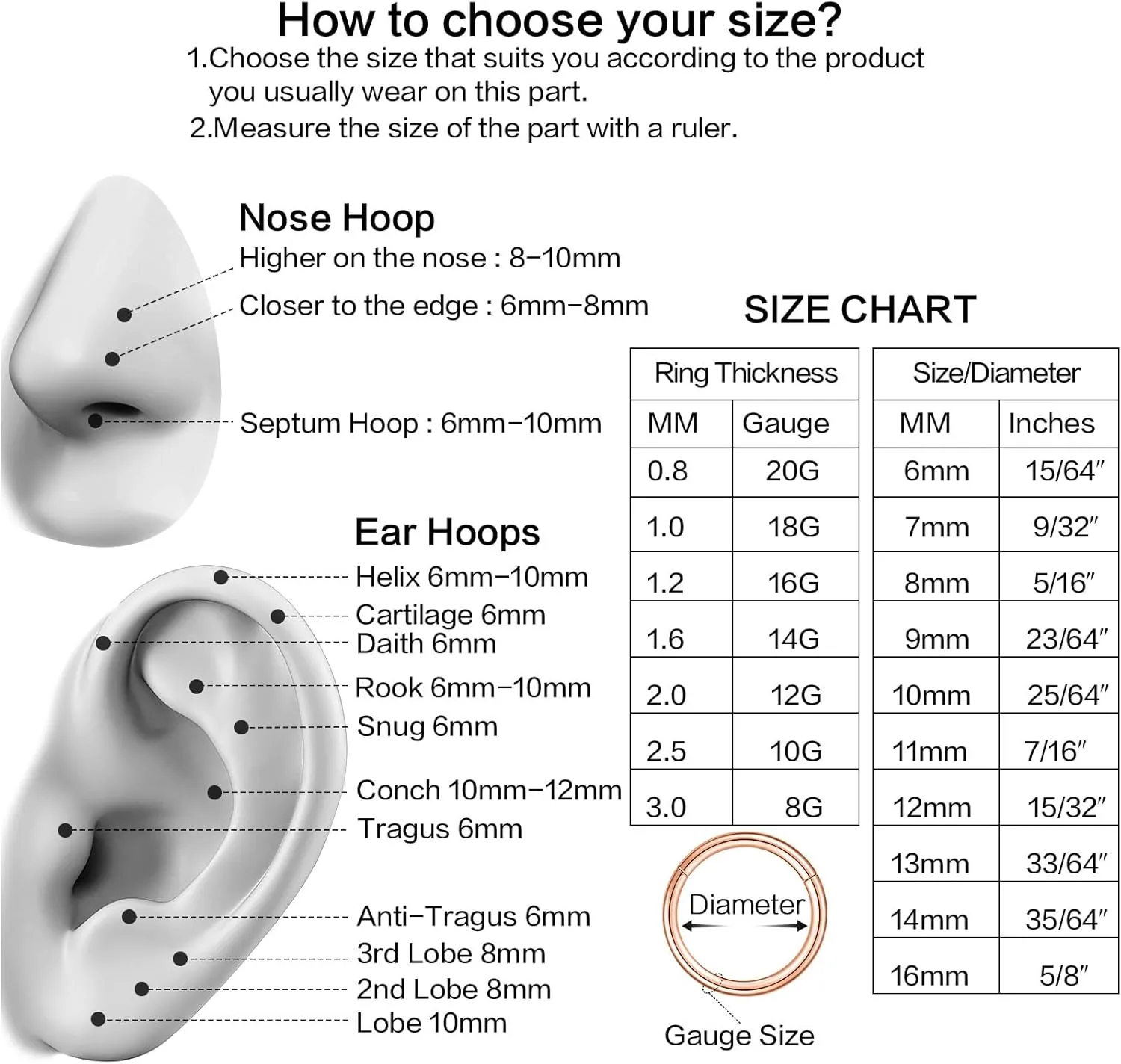 5PCS Nose Rings Hoop Surgical Steel 16G 18G 20G Tragus Helix Conch Hoop Earrings 6/7/8/9/10mm