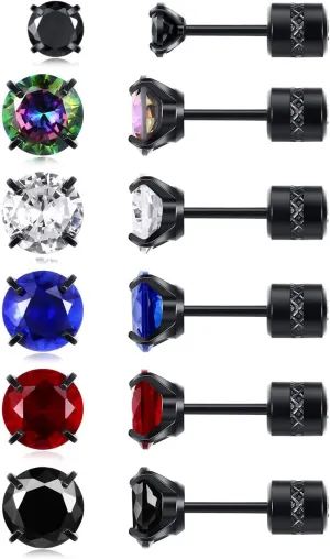 6 Pairs Titanium Earrings Studs: 4/6mm Double Round Cubic Zirconia Screw Backs Colored CZ Piercing Earrings for Men