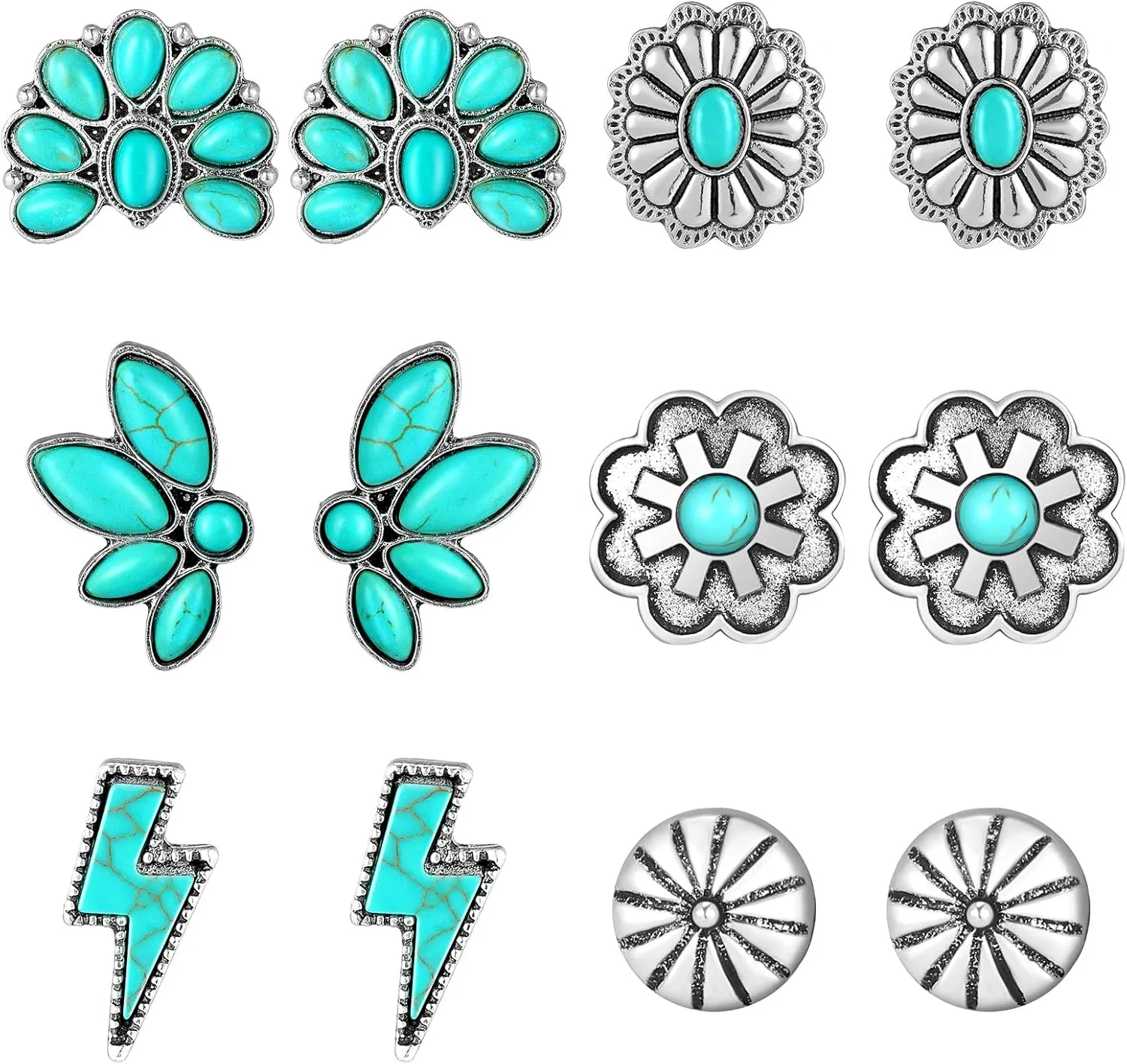 6 Pairs Turquoise Stud Earrings Small Geometric Oval Round Flower Earrings Gemstone Cut Shape Square Studs Turquoise Jewelry