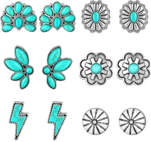 6 Pairs Turquoise Stud Earrings Small Geometric Oval Round Flower Earrings Gemstone Cut Shape Square Studs Turquoise Jewelry