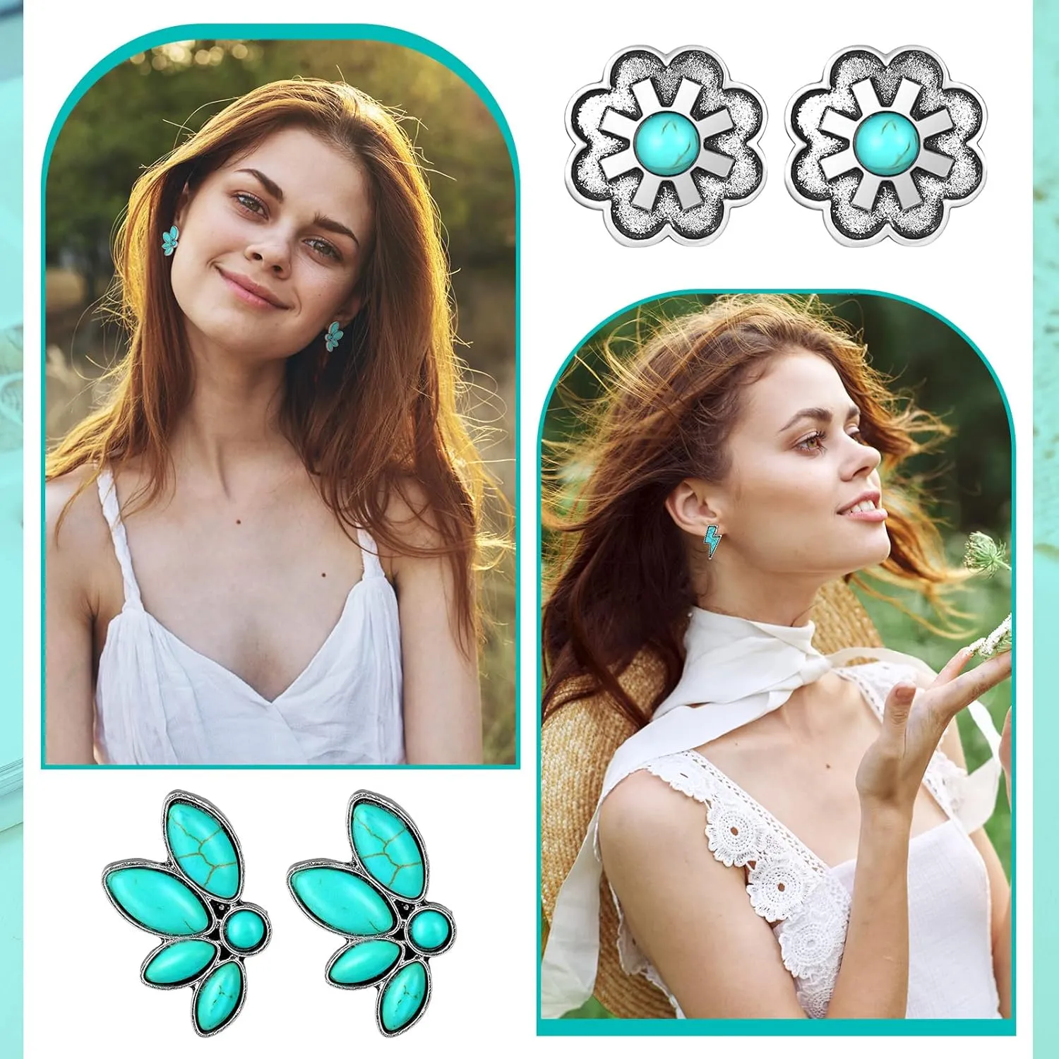 6 Pairs Turquoise Stud Earrings Small Geometric Oval Round Flower Earrings Gemstone Cut Shape Square Studs Turquoise Jewelry