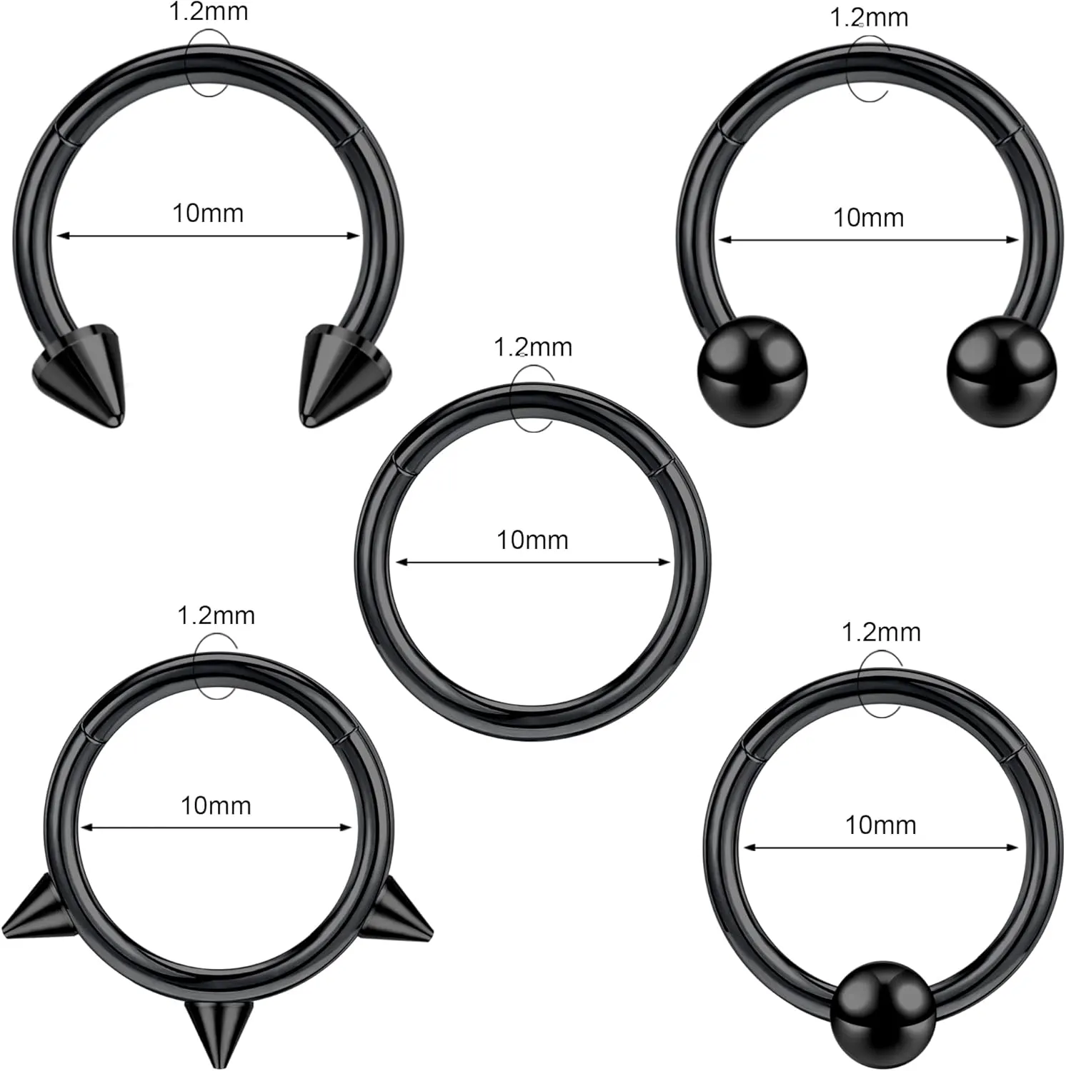 7PCS 16G Nose Rings Hoops Surgical Steel Hinged Clicker Segment Septum Nose Rings Piercing Horseshoe Hoop Cartilage Conch Earring Helix Tragus Daith Eyebrow Lip Piercing Ring, 8MM 10MM