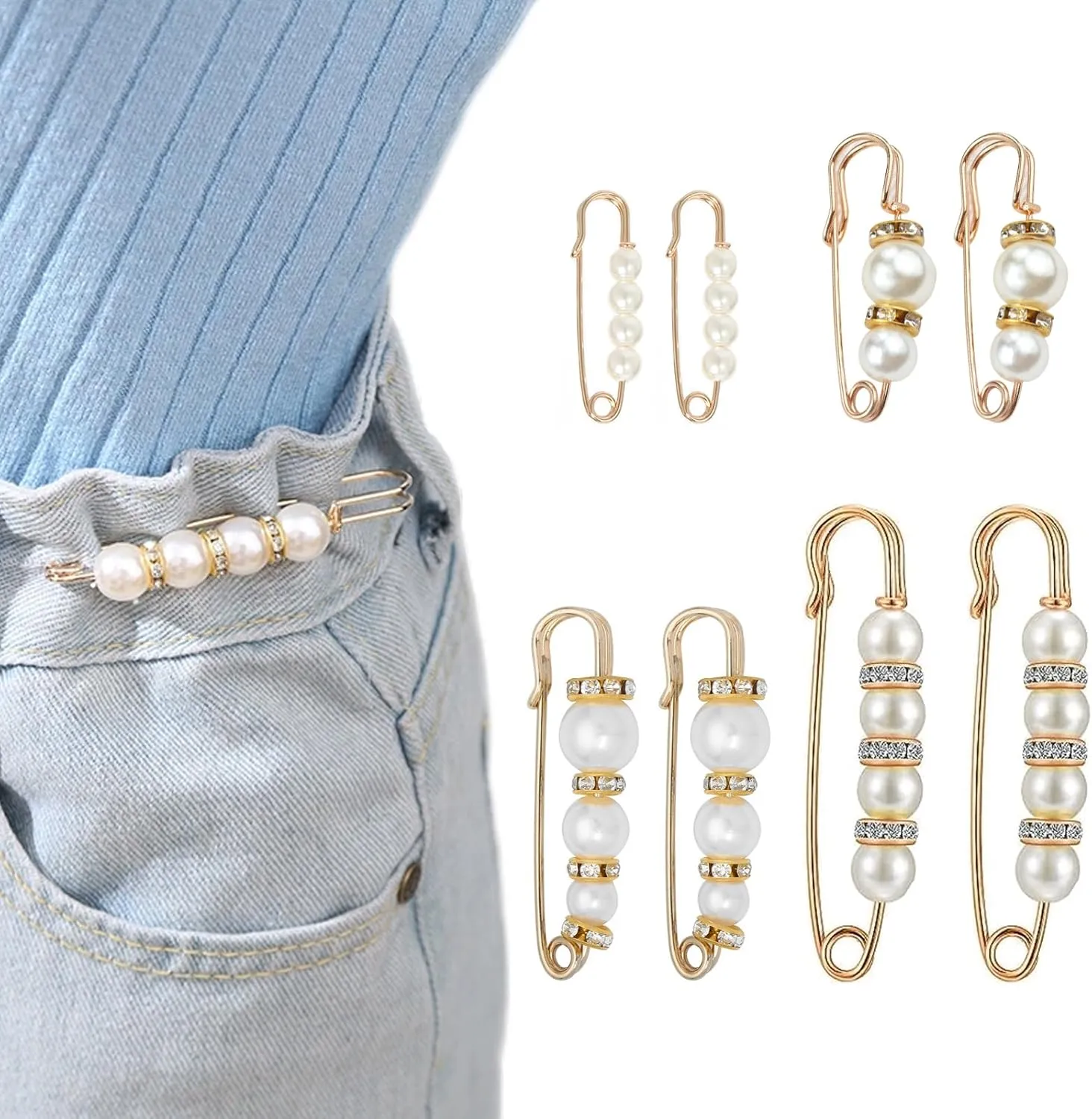 8 Pcs Pearl Brooch Pins,Safety Pins for Clothing Dress Pants Skirt Cardigan CollarFaux Pearl Rhinestones Brooches for Women Girls Pants Extender Safety Pins (Set-A)