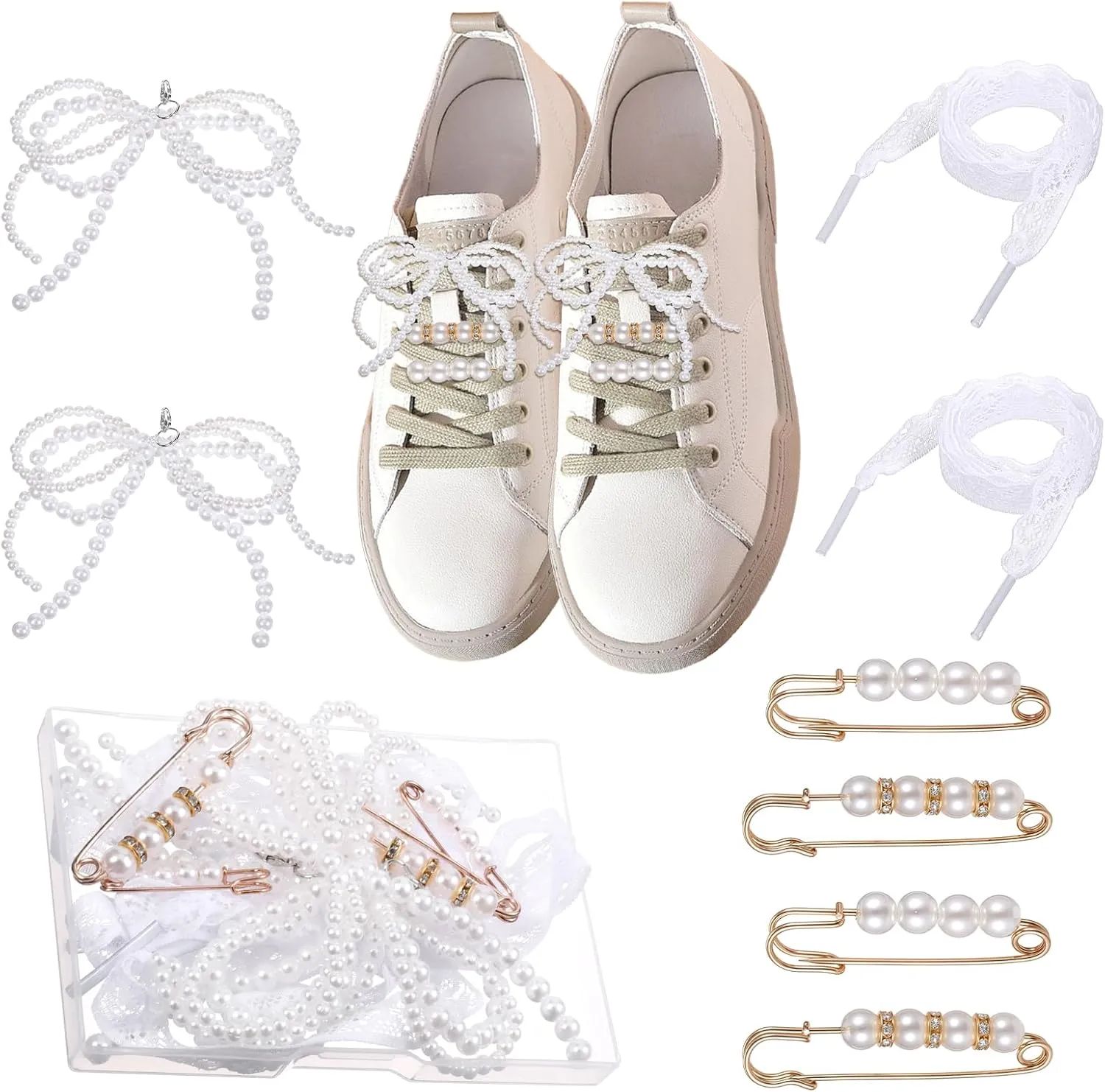 8 Pcs Shoe Charms for Sneakers, Pearl Shoe Lace Charms Jewelry, Junk Socks Charm Pins Lace Bow Stylish Shoes Decoration Charm for Women Pearl Bow Accessories