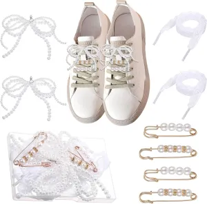 8 Pcs Shoe Charms for Sneakers, Pearl Shoe Lace Charms Jewelry, Junk Socks Charm Pins Lace Bow Stylish Shoes Decoration Charm for Women Pearl Bow Accessories