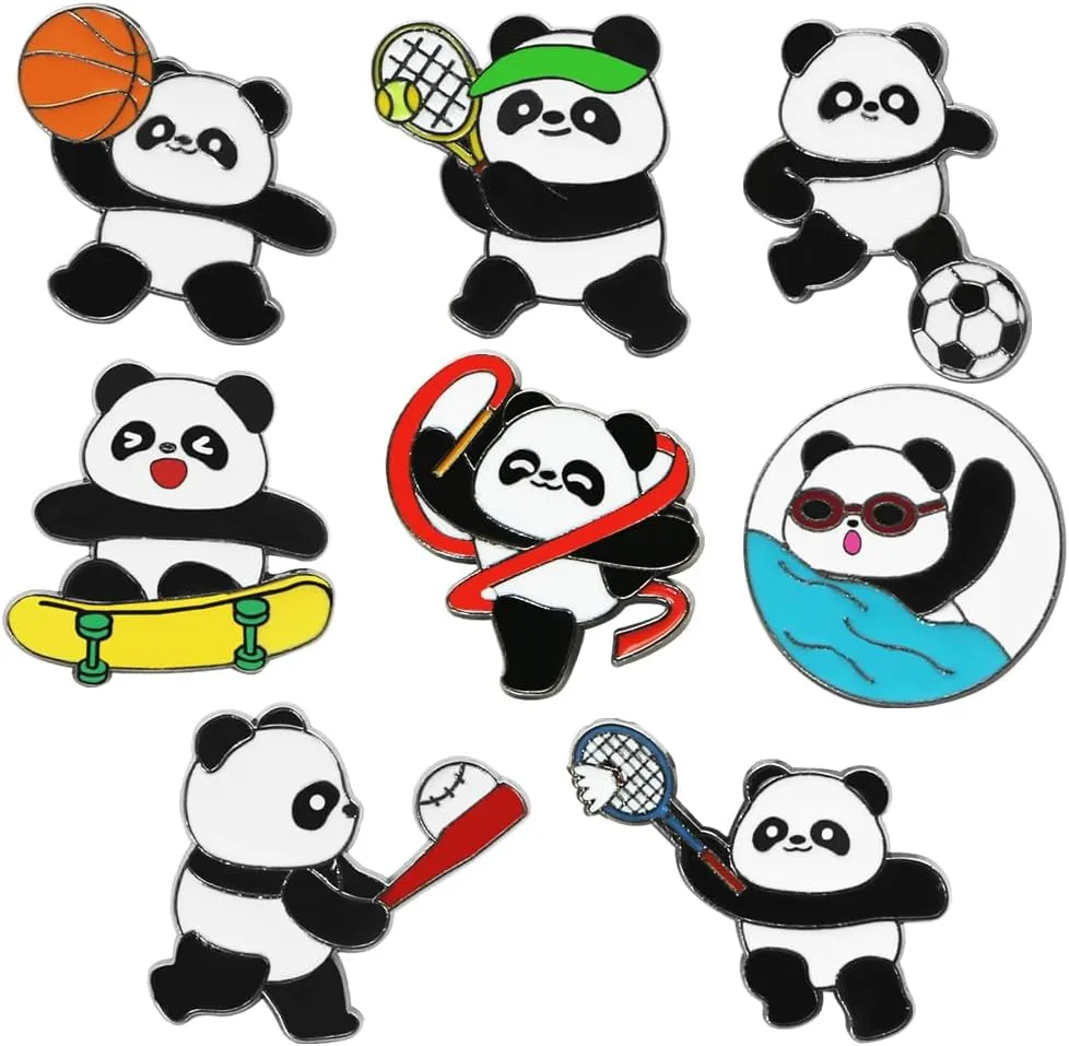 8 Pieces Cute Panda Brooch Pin Set Enamel Pandas Doing Sport Badges Breastpin Lapel Pins Playing Football Basketball Swimming Panda Brooches for Girls Boys Clothes Scarf Backpack Accessories