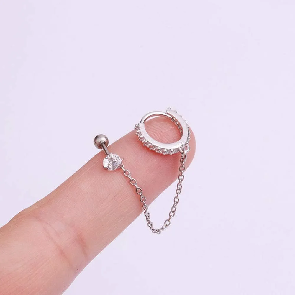 8mm CZ Small Hoop Cuff Earrings for Women Teen Girls Dainty Clear Crystal Cartilage Stainless Steel 20g Screw Back Threader Chain Drop Dangle Stud Delicate Double Piercing 2nd Holes Crawler Climbers Hypoallergenic Studs