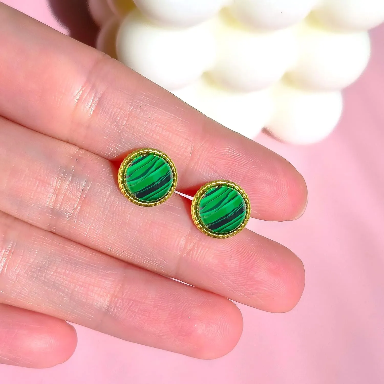 8mm Handmade Genuine Malachite Stone Stud Post Earrings,Hypoallergenic Studs Earrings Jewelry Gifts for Women Girls,Retro Dainty 18K Gold Plated Earrings,Round Natural Gemstone Stud for her