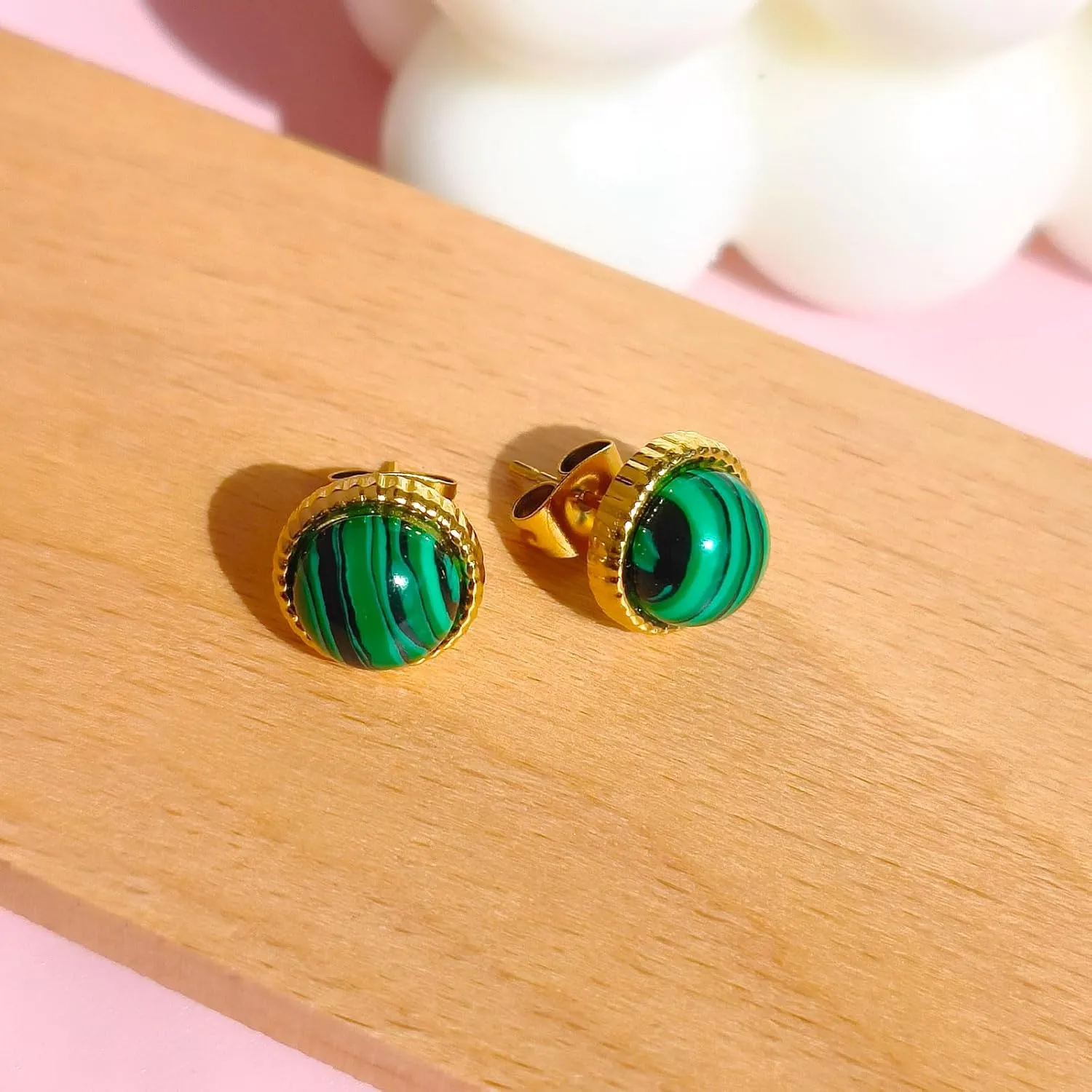 8mm Handmade Genuine Malachite Stone Stud Post Earrings,Hypoallergenic Studs Earrings Jewelry Gifts for Women Girls,Retro Dainty 18K Gold Plated Earrings,Round Natural Gemstone Stud for her