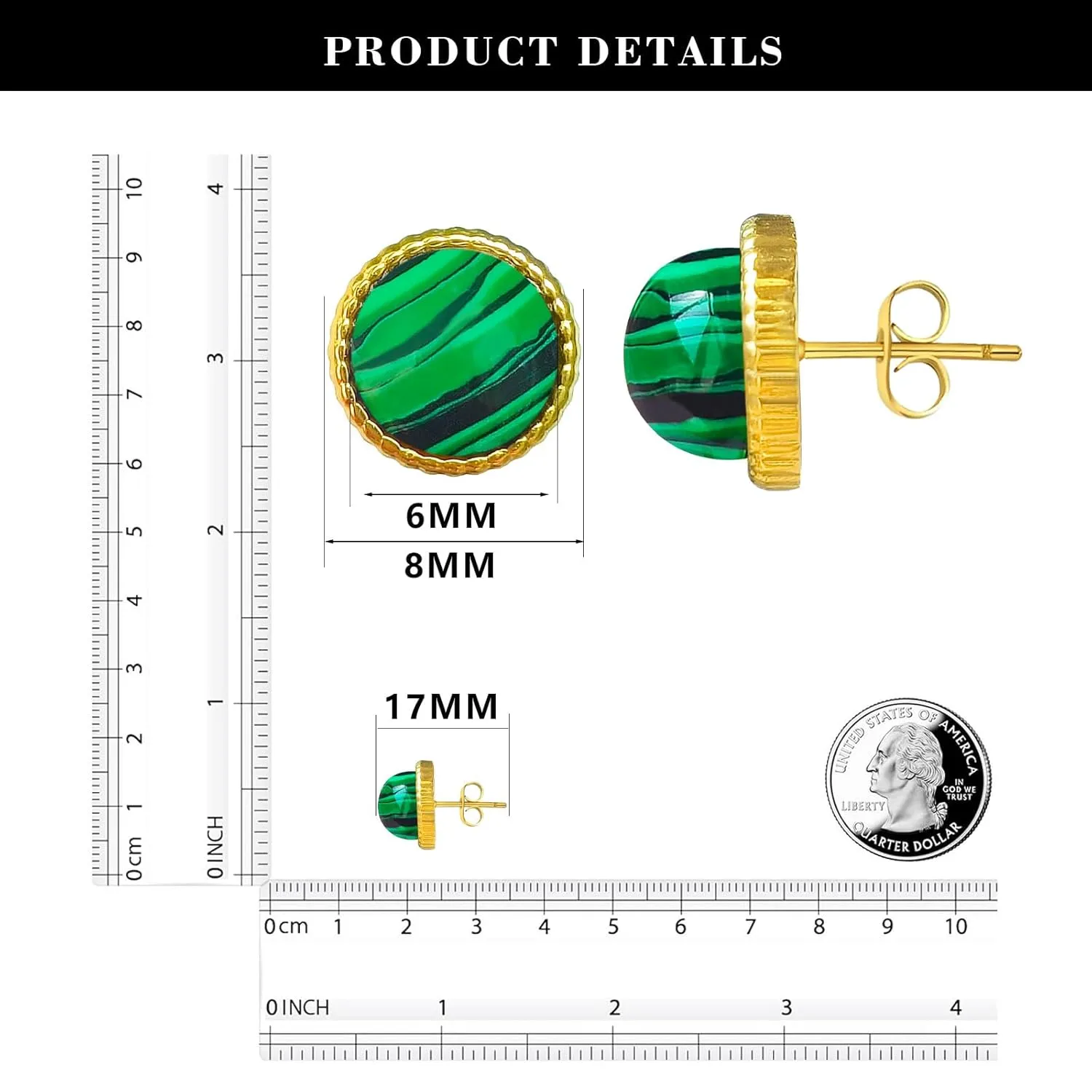 8mm Handmade Genuine Malachite Stone Stud Post Earrings,Hypoallergenic Studs Earrings Jewelry Gifts for Women Girls,Retro Dainty 18K Gold Plated Earrings,Round Natural Gemstone Stud for her