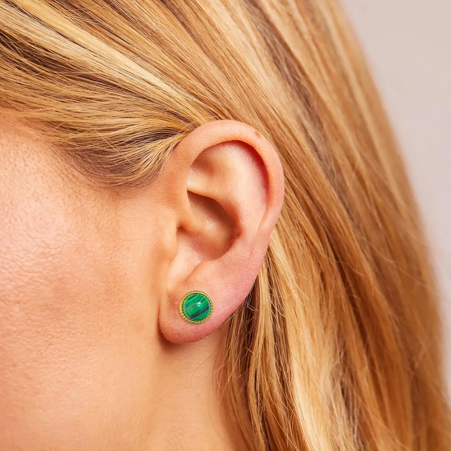 8mm Handmade Genuine Malachite Stone Stud Post Earrings,Hypoallergenic Studs Earrings Jewelry Gifts for Women Girls,Retro Dainty 18K Gold Plated Earrings,Round Natural Gemstone Stud for her