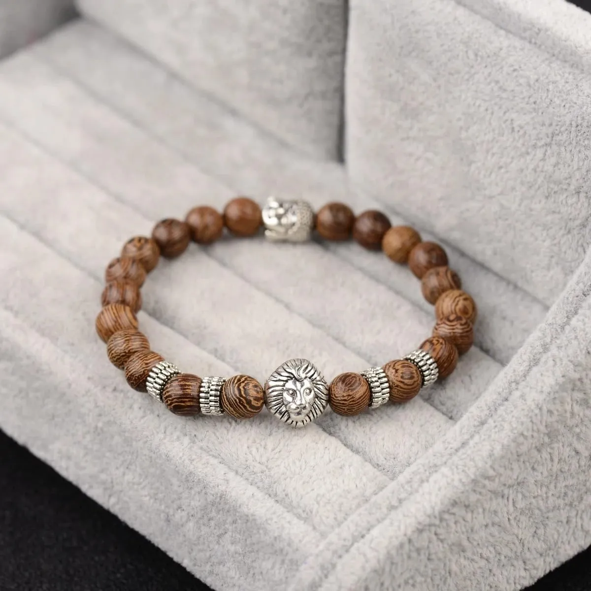 8mm Men Wood Beads Yellow Plated Lion Head Bracelet For Couples Elastic Buddhist Prayer Bracelets-N27