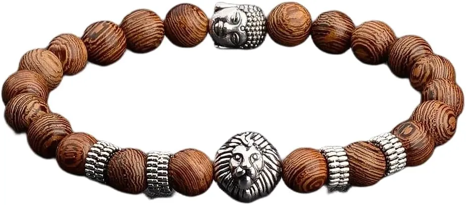 8mm Men Wood Beads Yellow Plated Lion Head Bracelet For Couples Elastic Buddhist Prayer Bracelets-N27