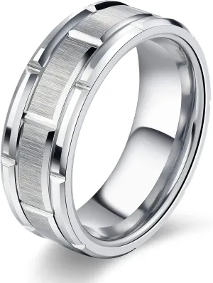 8mm Tungsten Rings for Men Wedding Band Silver Brick Pattern Brushed Engagement Promise Comfort Fit Size 7-13