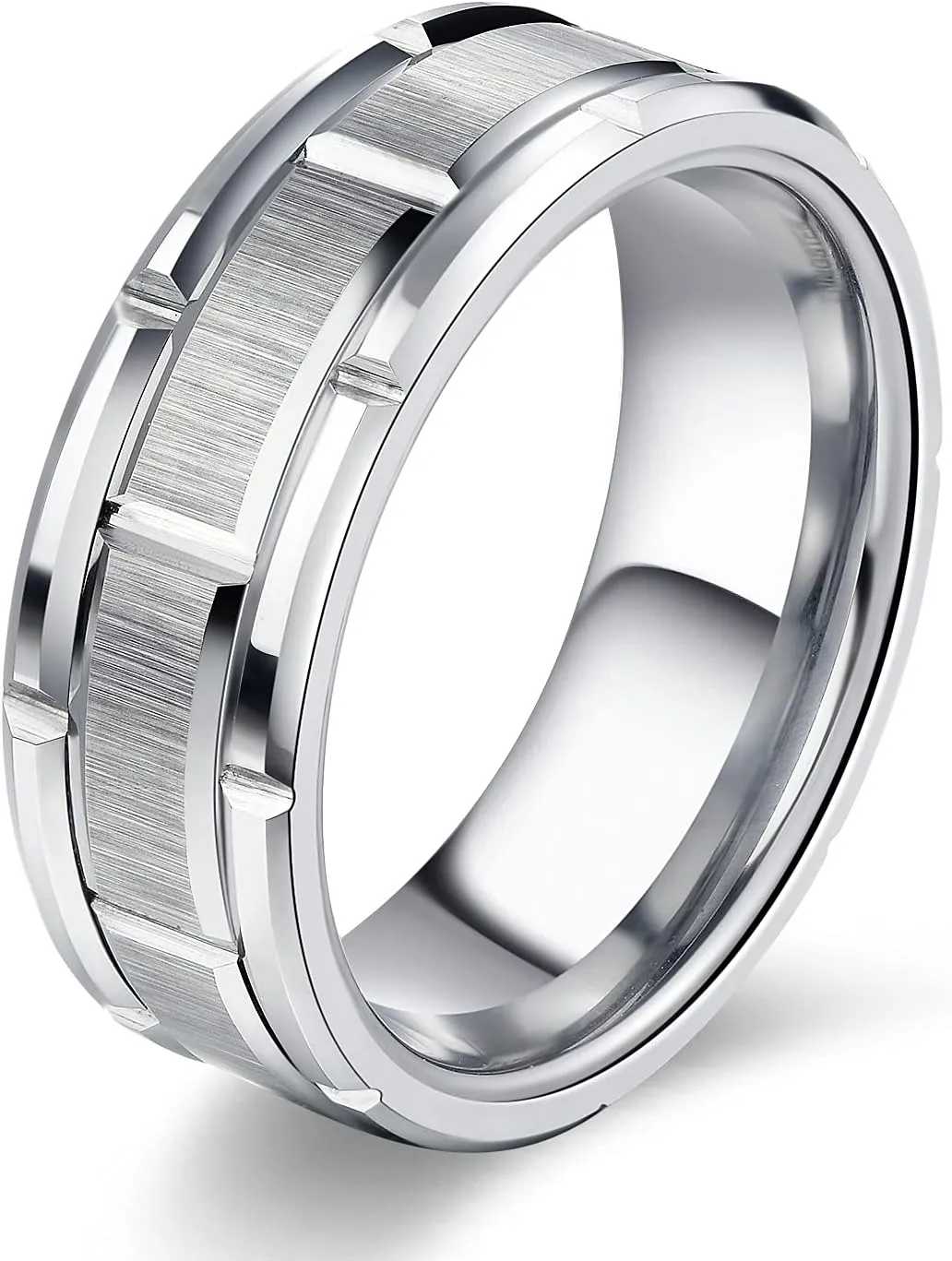 8mm Tungsten Rings for Men Wedding Band Silver Brick Pattern Brushed Engagement Promise Comfort Fit Size 7-13
