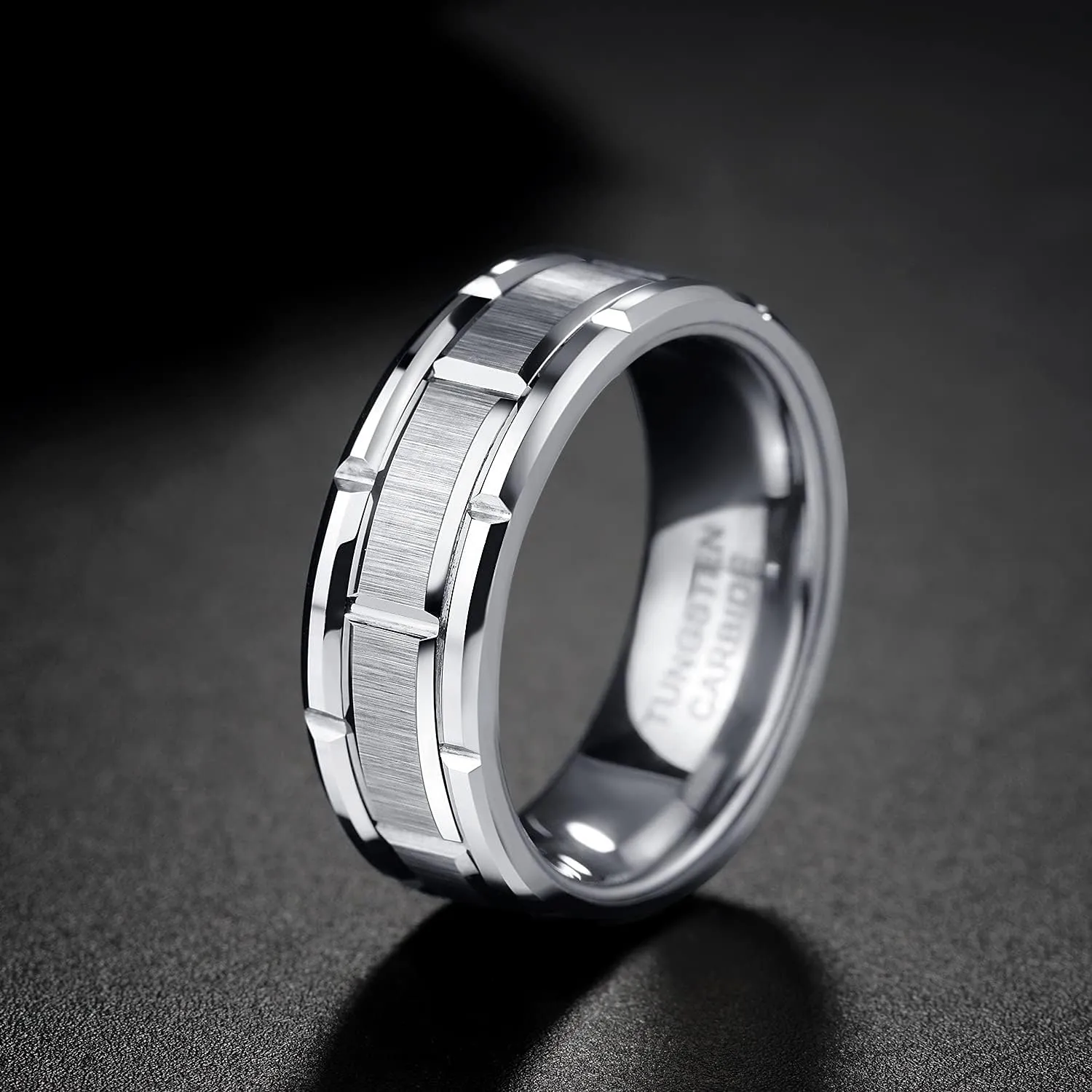 8mm Tungsten Rings for Men Wedding Band Silver Brick Pattern Brushed Engagement Promise Comfort Fit Size 7-13