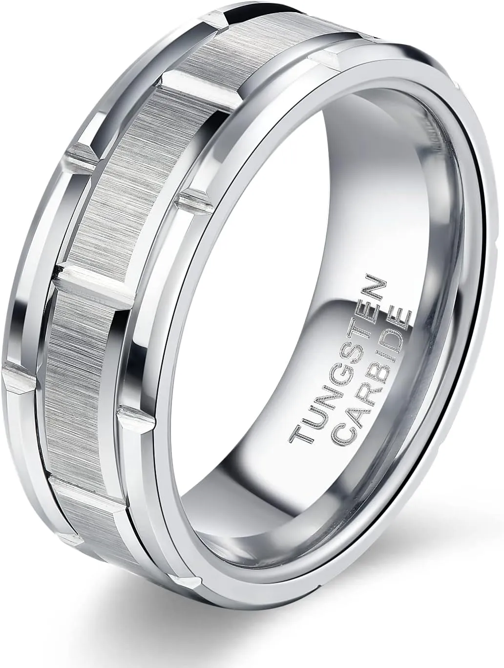 8mm Tungsten Rings for Men Wedding Band Silver Brick Pattern Brushed Engagement Promise Comfort Fit Size 7-13