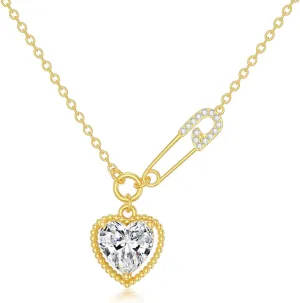 925 Silver Diamond Heart Paper Clip Link Necklaces for Women, Sterling Silver Plated in 14k Yellow Gold Natural Diamond Pendant Necklace, Birthday Christmas Anniversary Jewelry Gifts for Her