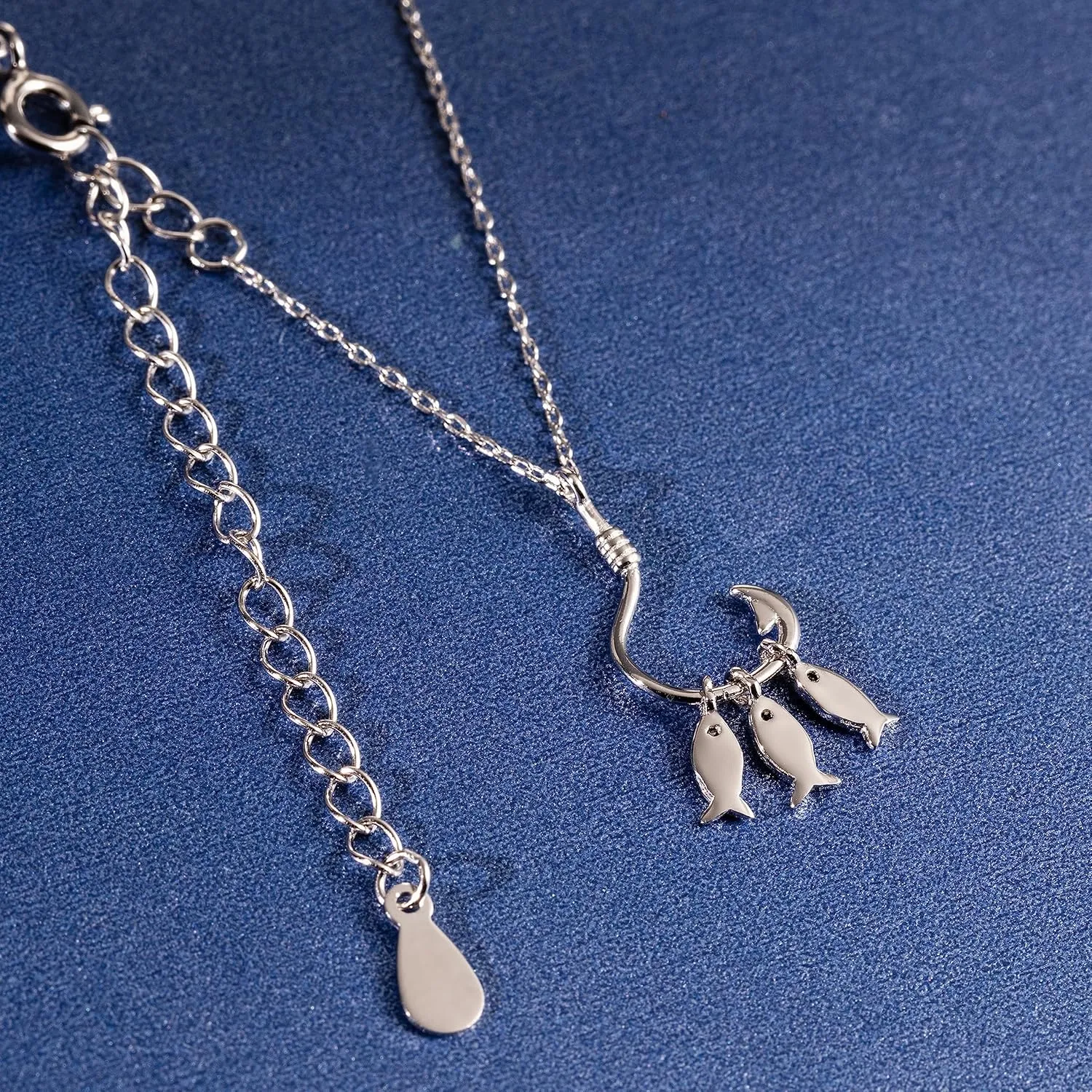925 Sterling Silver 14K Gold Plated 3 Fish on Hook Necklace Pendant, Dainty, Nickel Free Hypoallergenic for Sensitive Skin, Ocean Beach Jewelry for Women Mom Daughter, with 16" 2 Chain